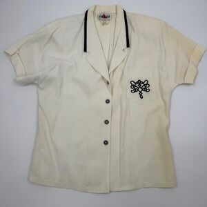 Connie Anderson Audio Future Wear Cream Rayon Embroidered Blouse Womens Medium